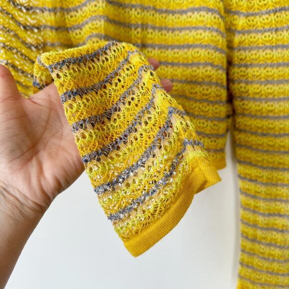 Zara Yellow Gold and Purple Striped Pointelle Knit Crochet Cropped Sweater L - Picture 5 of 8
